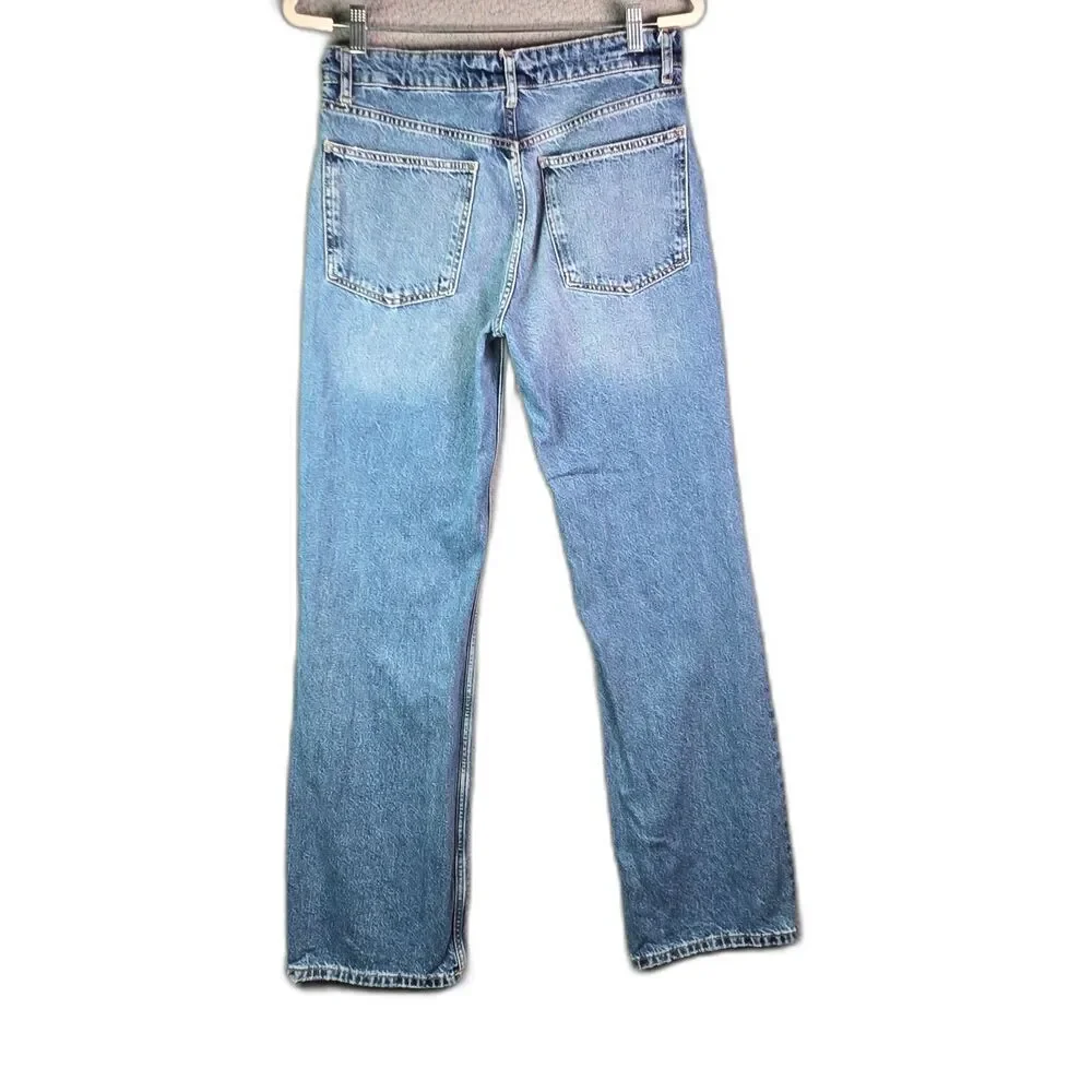 Zara Jeans Medium Blue 8 Straight Leg High Rise 100 Cotton Long Inseam